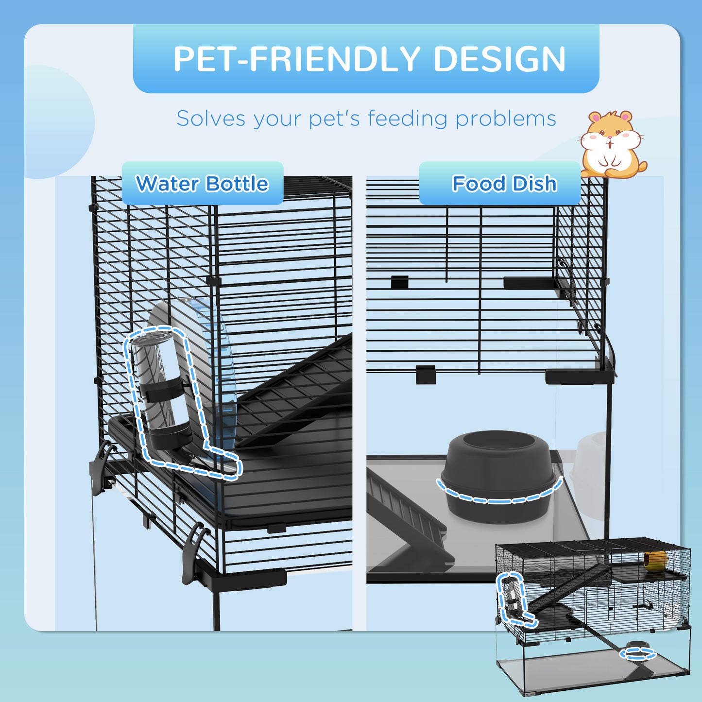 PawHut Hamster Cage, 31" Gerbil Cage with Glass Basin, Ramps, Platforms, Hut, Exercise Wheel, for Small Hamsters, Black