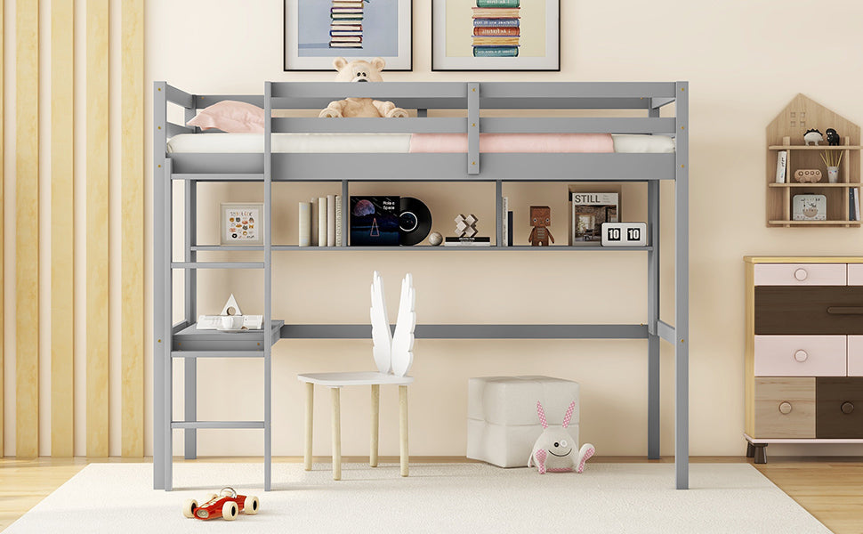 [SantaChoice] Twin Size Loft Bed with desk and shelves, Safety Guardrail and ladder,Grey