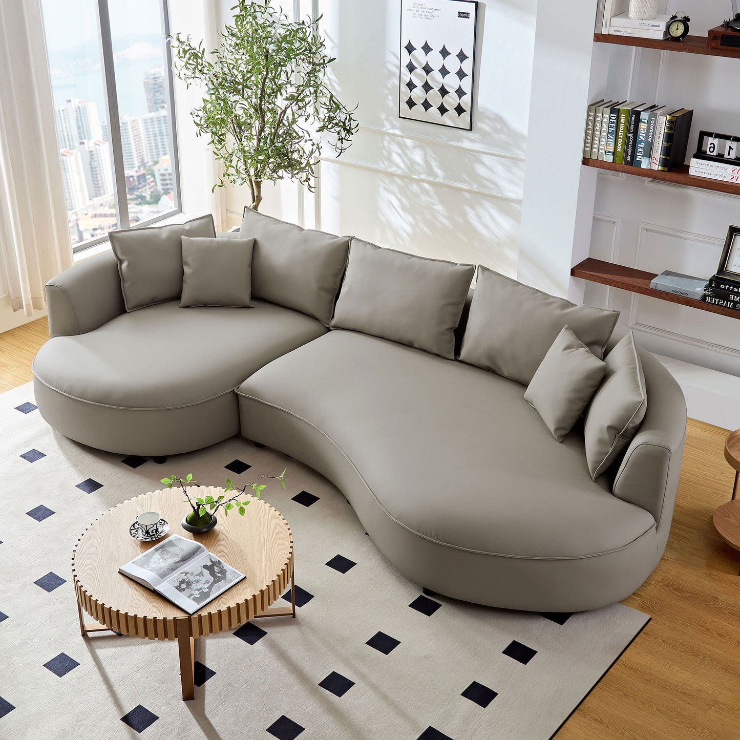 [SantaChoice] Modern Sectional curved Sofa Couch for Living Room,Upholstered 5-Seat Sofa Couch Eco-leather Couch Set for Apartment Office,Light Grey