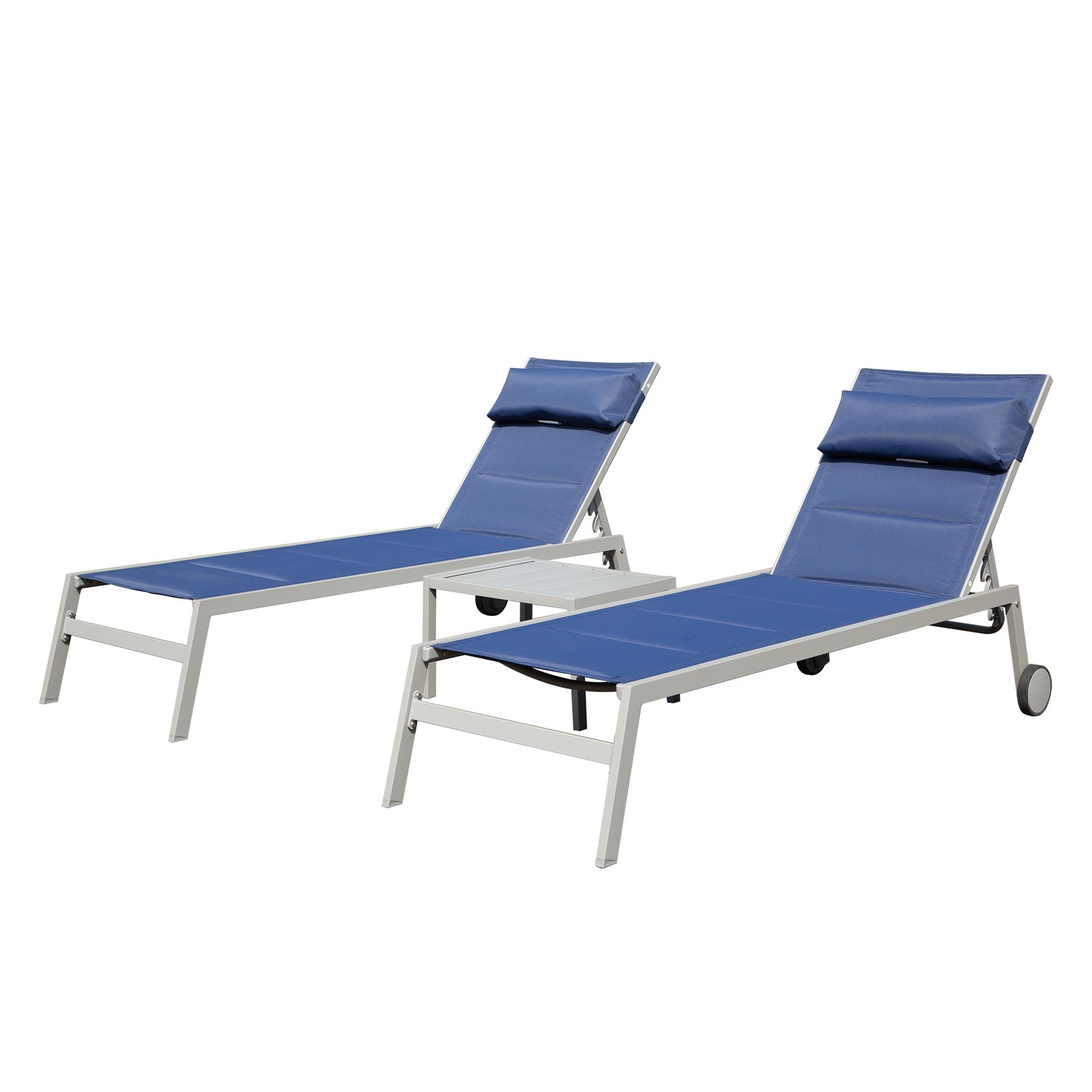 [SantaChoice] Outdoor Patio Chaise Lounge Set of 3, Aluminum Pool Lounge Chairs with Side Table and Wheels, Textilene Padded Adjustable Recliner All Weather for Poolside, Beach, Yard, Balcony (Navy Blue)