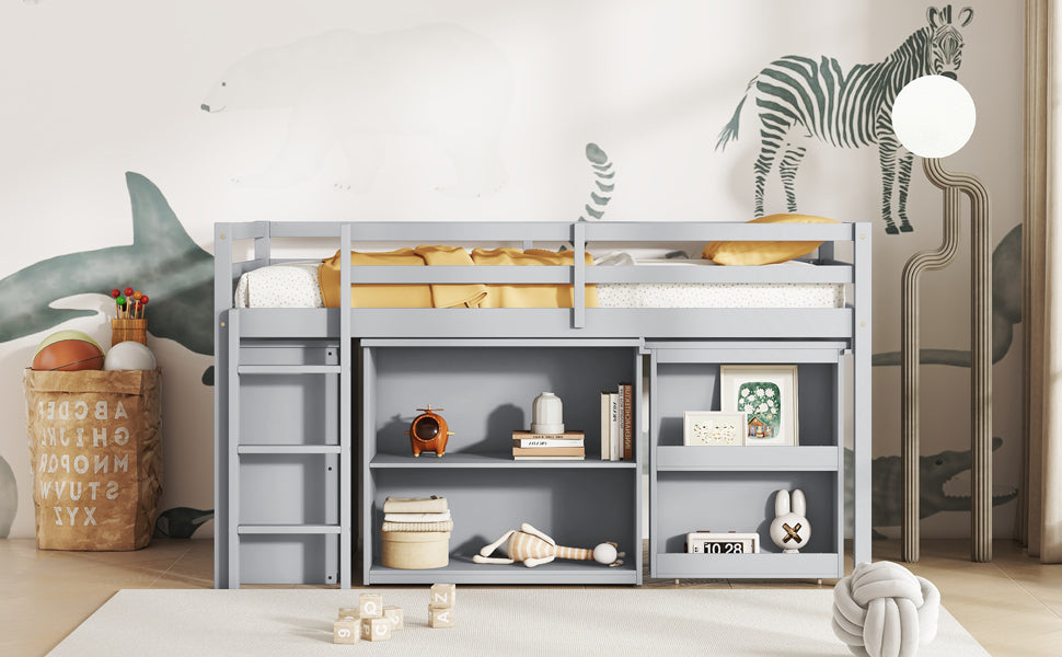 Twin Loft Bed with ,Drawer Cabinet, Shelf Cabinet and Pulling -Out Desk,Rubber Wood Loft Bed with Safety Guardrail ,Ladder,Grey