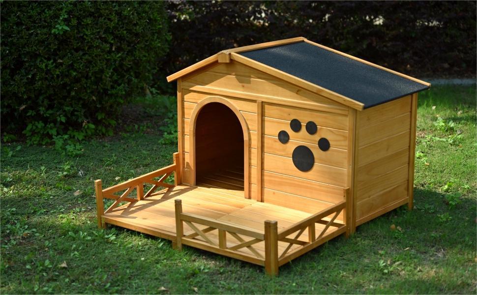 48" Wooden Dog House Outdoor with Porch, Dog Kennel with Water-Resistant Asphalt Roof and Fencing,Indoor & Outdoor Dog Crate with Paw Print, Medium, Nature