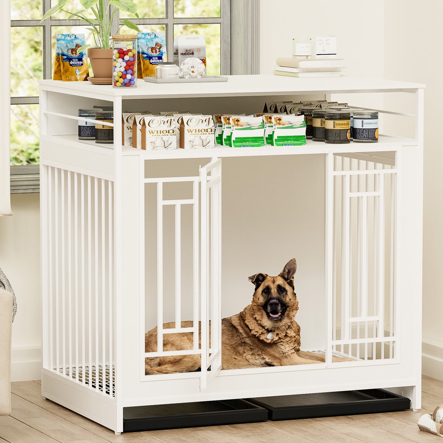 43.3 inch Dog Crate Furniture for Large Dogs,Wooden Dog Crate with Divider,Double Door Dog Kennel with Three Drawers Storages,Heavy Duty Dogs Decorative Pet House for Large Medium Dogs ,White