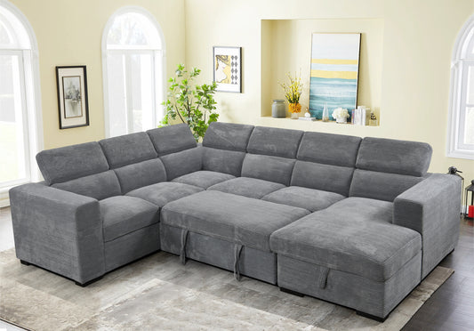 123" Oversized Modern U-Shaped 7-seat Sectional Sofa Couch with Adjustable Headrest, Sofa Bed with Storage Chaise,Pull Out Couch Bed for Living Room ,Dark Gray