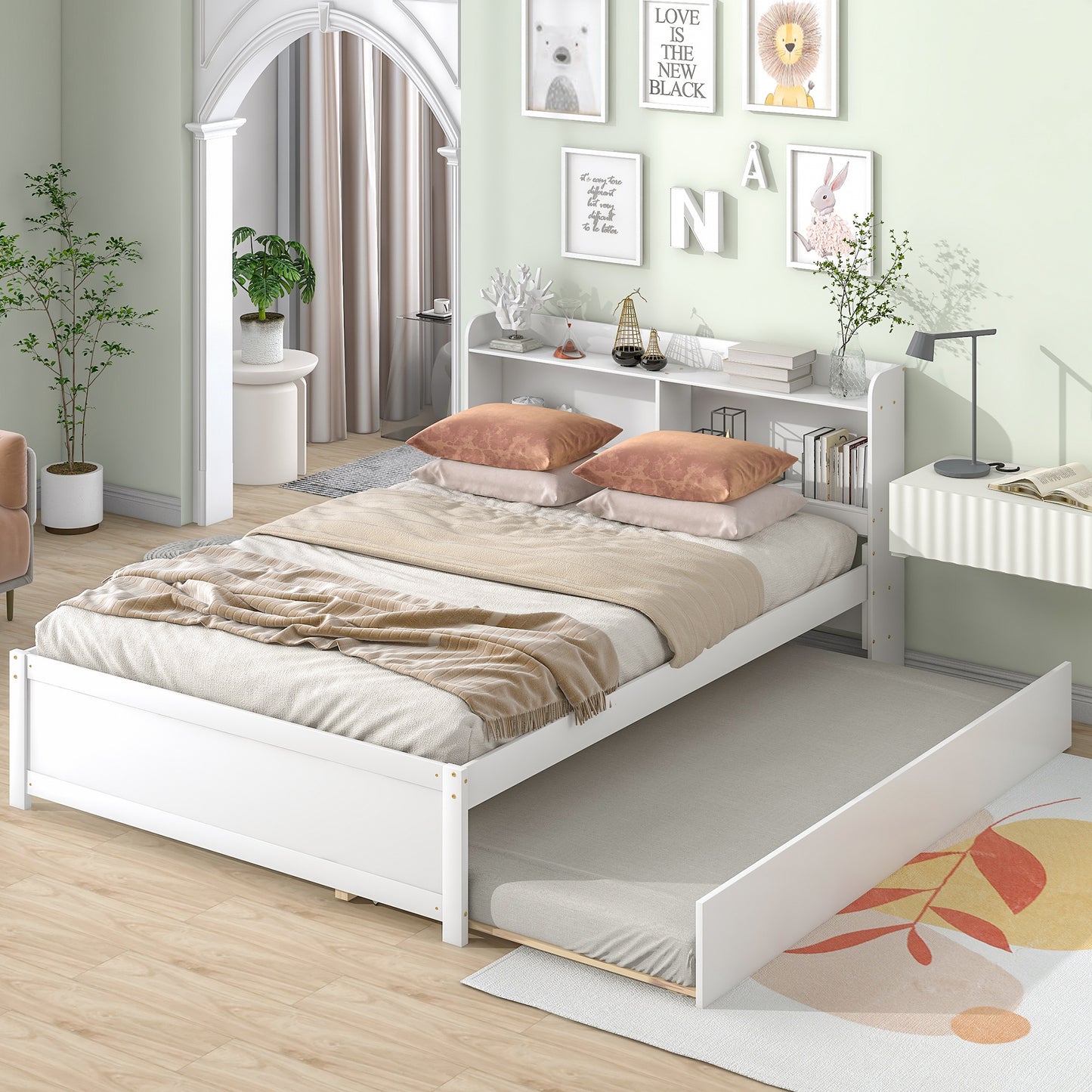 Full Bed with Trundle,Bookcase,White