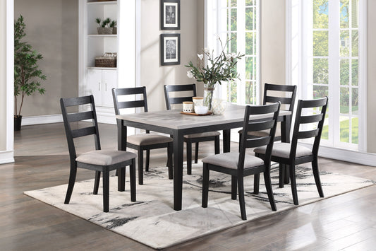 Rustic Charcoal Wooden Table 7pc Dining Set Dining Room Furniture Ladder back Side Chairs Cushion Seat light 2-Tone Sand Fabric.