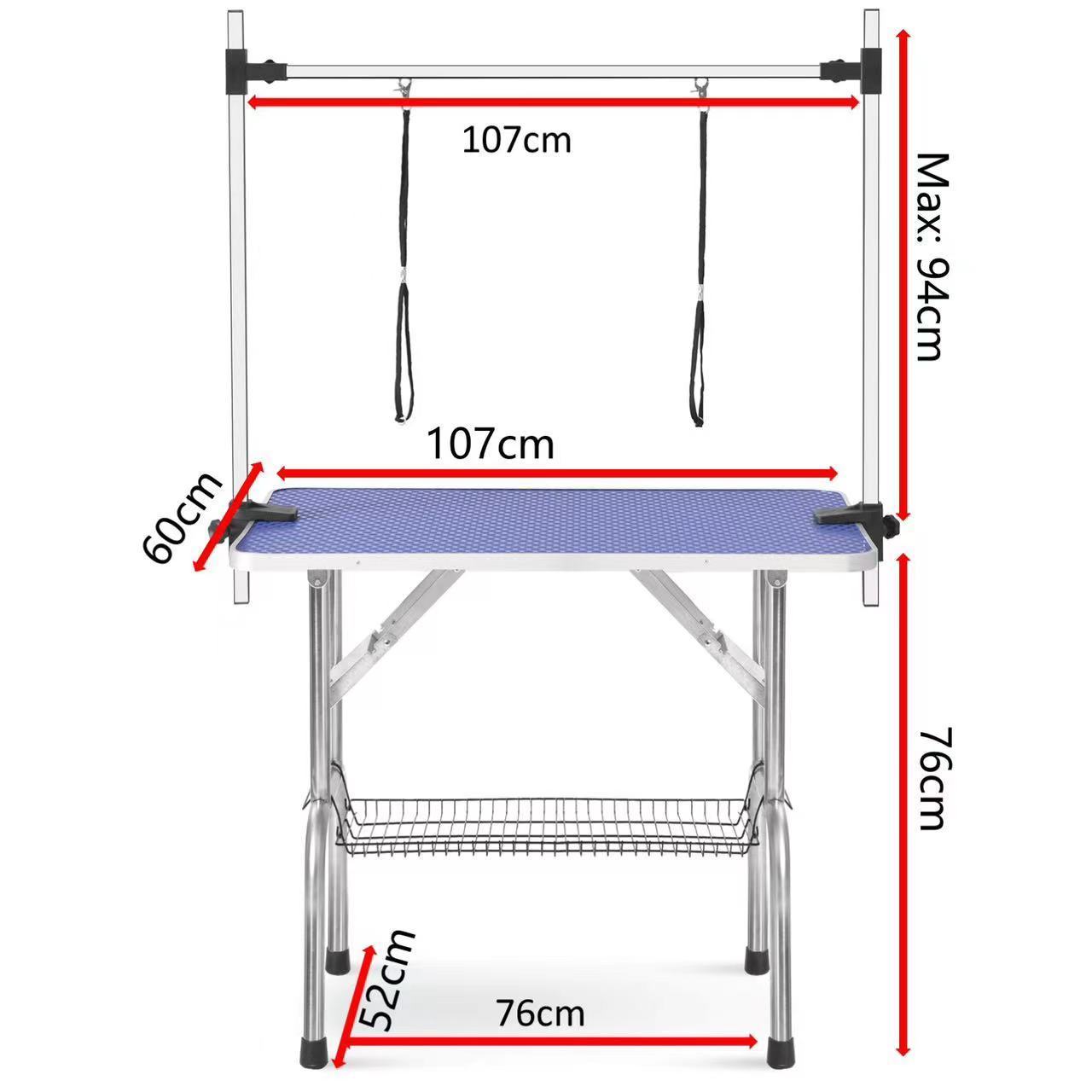 NEW HIGH QUALITY FOLDING PET GROOMING TABLE STAINLESS LEGS AND ARMS BLUE RUBBER TOP STORAGE BASKET