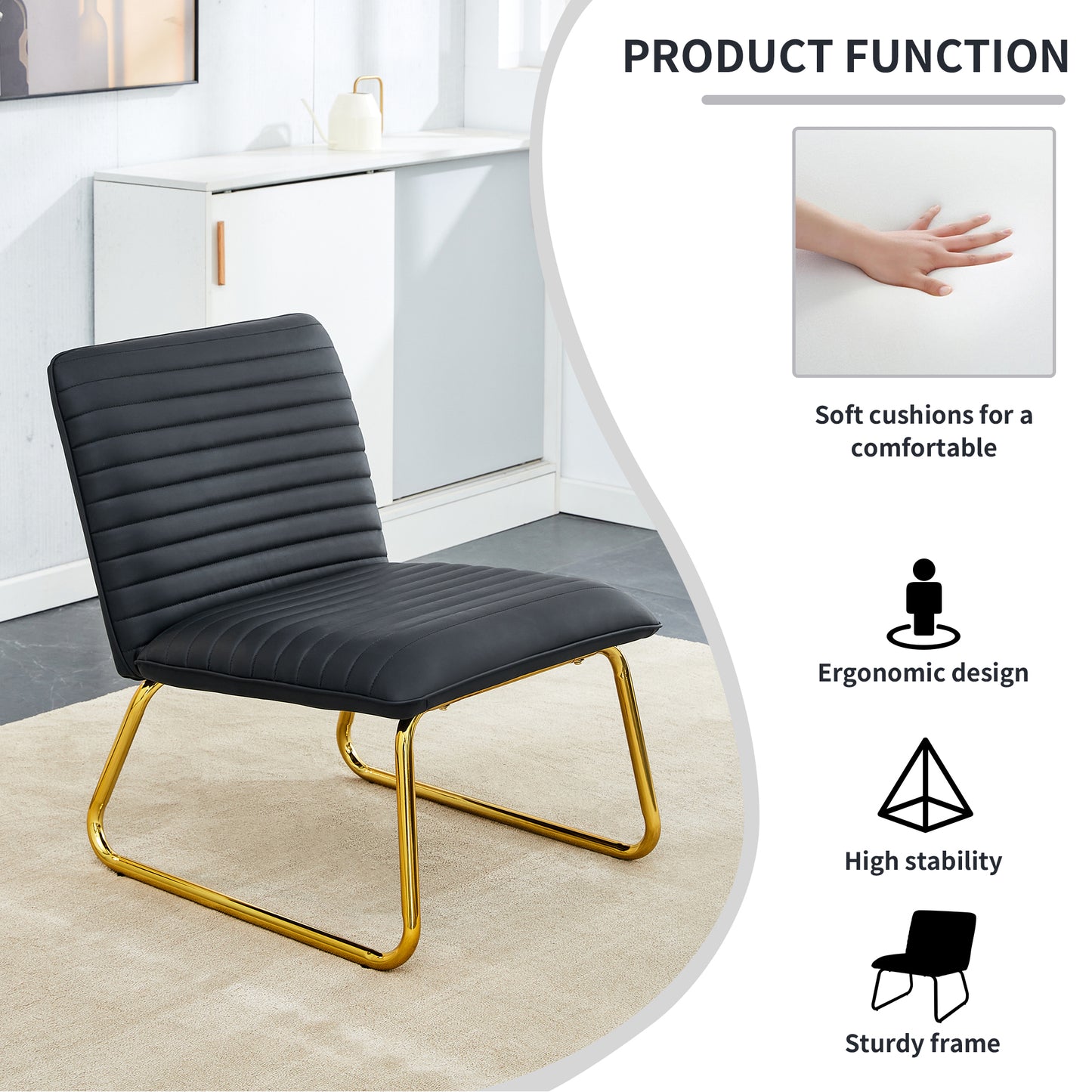 [SantaChoice] Black minimalist armless sofa chair with PU backrest and golden metal legs, suitable for offices, restaurants, kitchens, and bedrooms