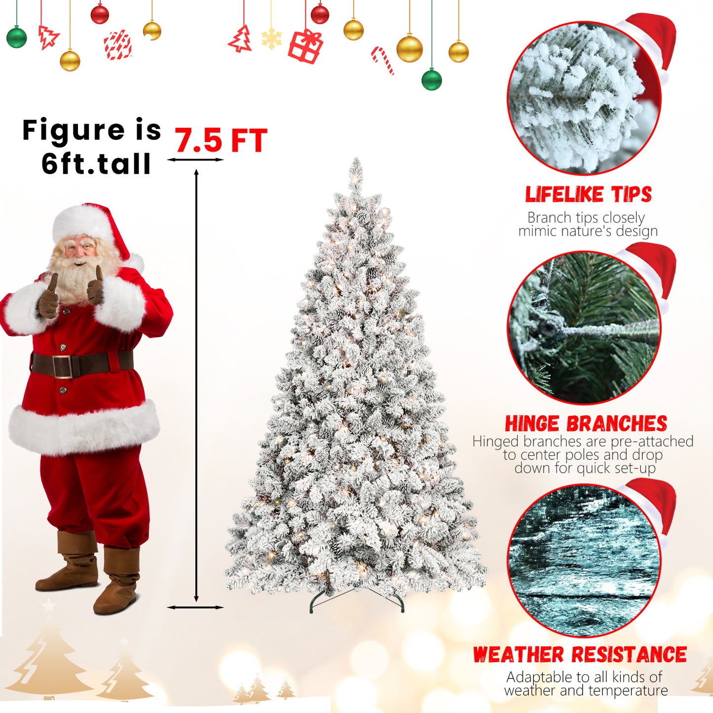 7.5ft Snow-Flocked Artificial Christmas Tree with Pine Cones, Prelit Xmas Trees, Hinged Easy Assembly & Reinforced Metal Base - Ideal for Indoor & Outdoor Festive Decorations