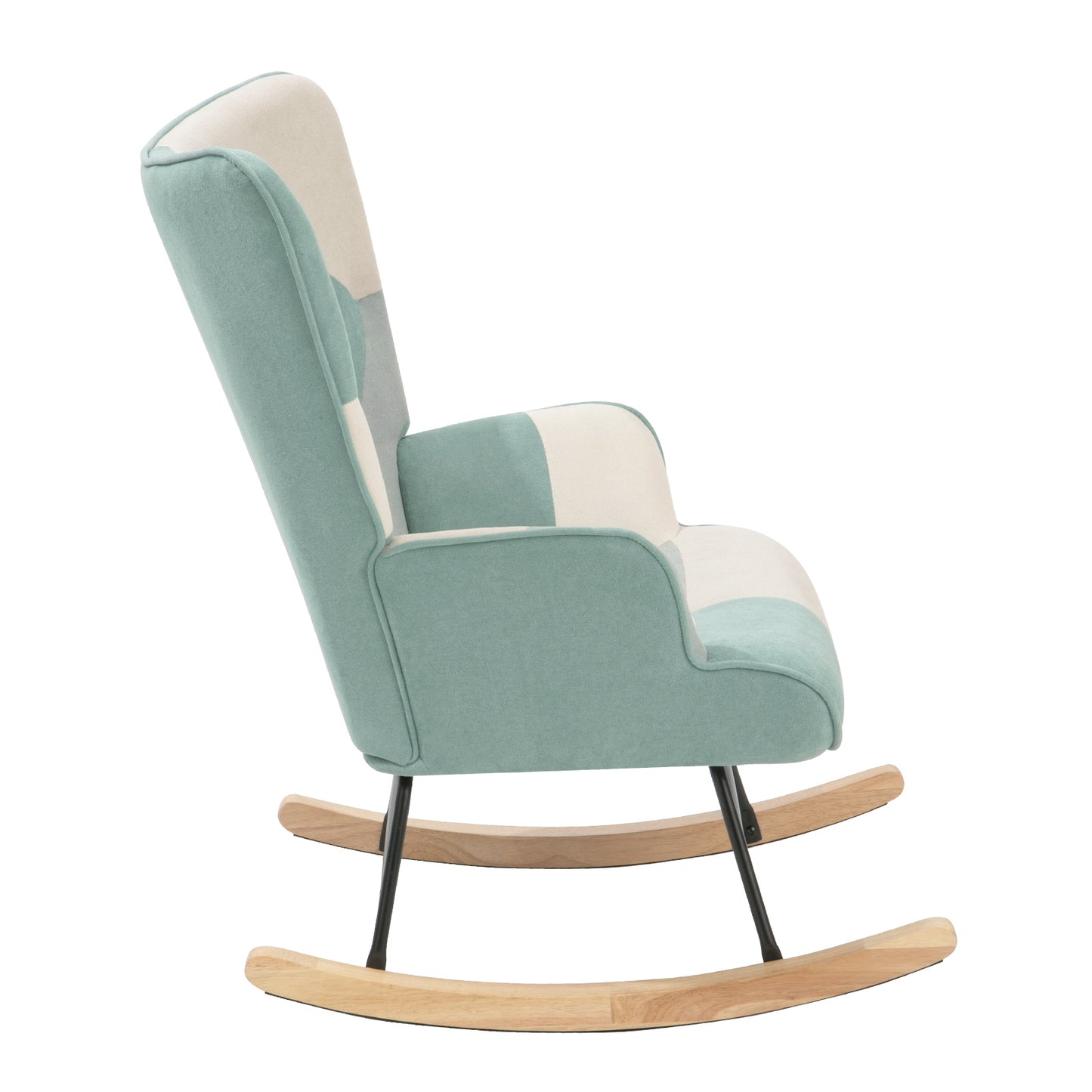 Accent Rocking Chair, Mid Century Fabric Rocker Chair with Wood Legs and Patchwork Linen for Livingroom Bedroom