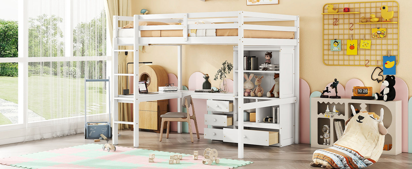 Full Size Loft Wood Bed with Desk, Storage shelves and Drawers, Built-in Ladder, High Loft Bed with Desk, Storage Shelves and Drawers,Guardrails,White