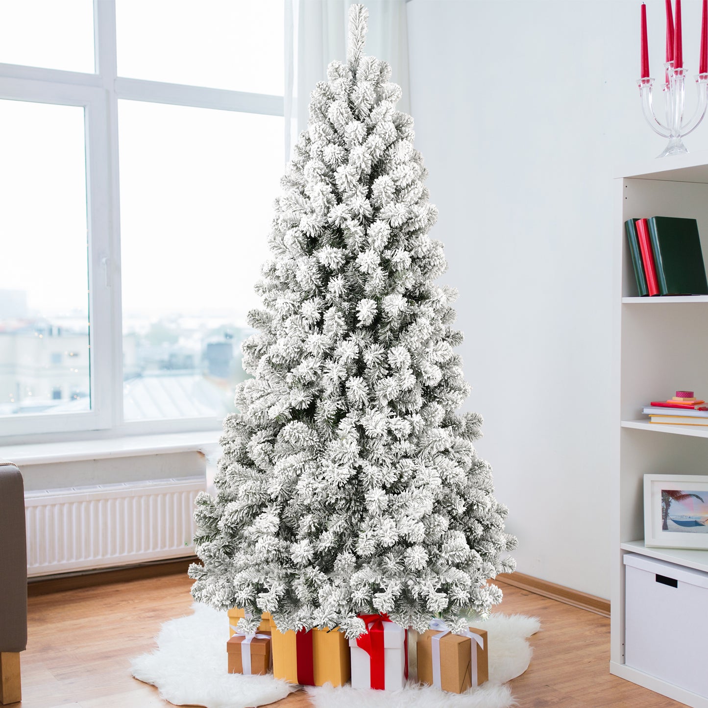 5FT Pre-lit Flocked Christmas Tree with 498 Memory Wire Tips – Effortlessly Fluffed, Perfectly Shaped, and Lit with 200 Warm  Incandescent Lights Bringing Lasting Elegance and Wase to Your Holiday