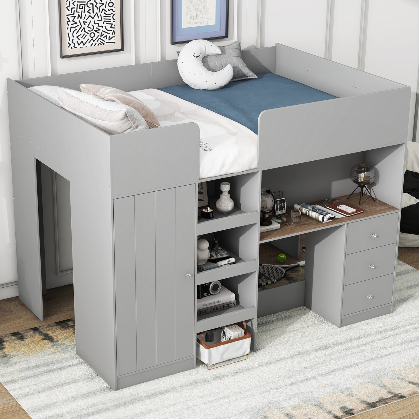 Wood Full Size Loft Bed with Built-in Wardrobe, Desk, Storage Shelves and Drawers, Grey