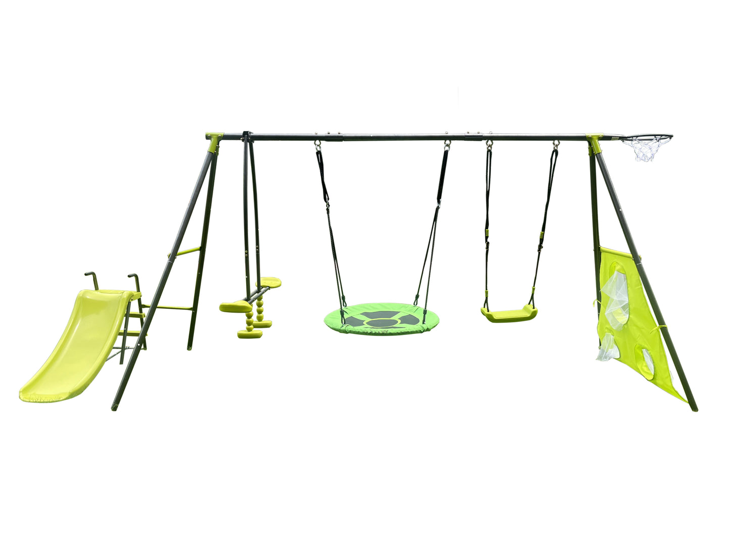 XNS052 green and blue interesting six function swingset with net swing metal plastic safe swing set 440lbs for outdoor playground for age 3+ with 31.5in net swing