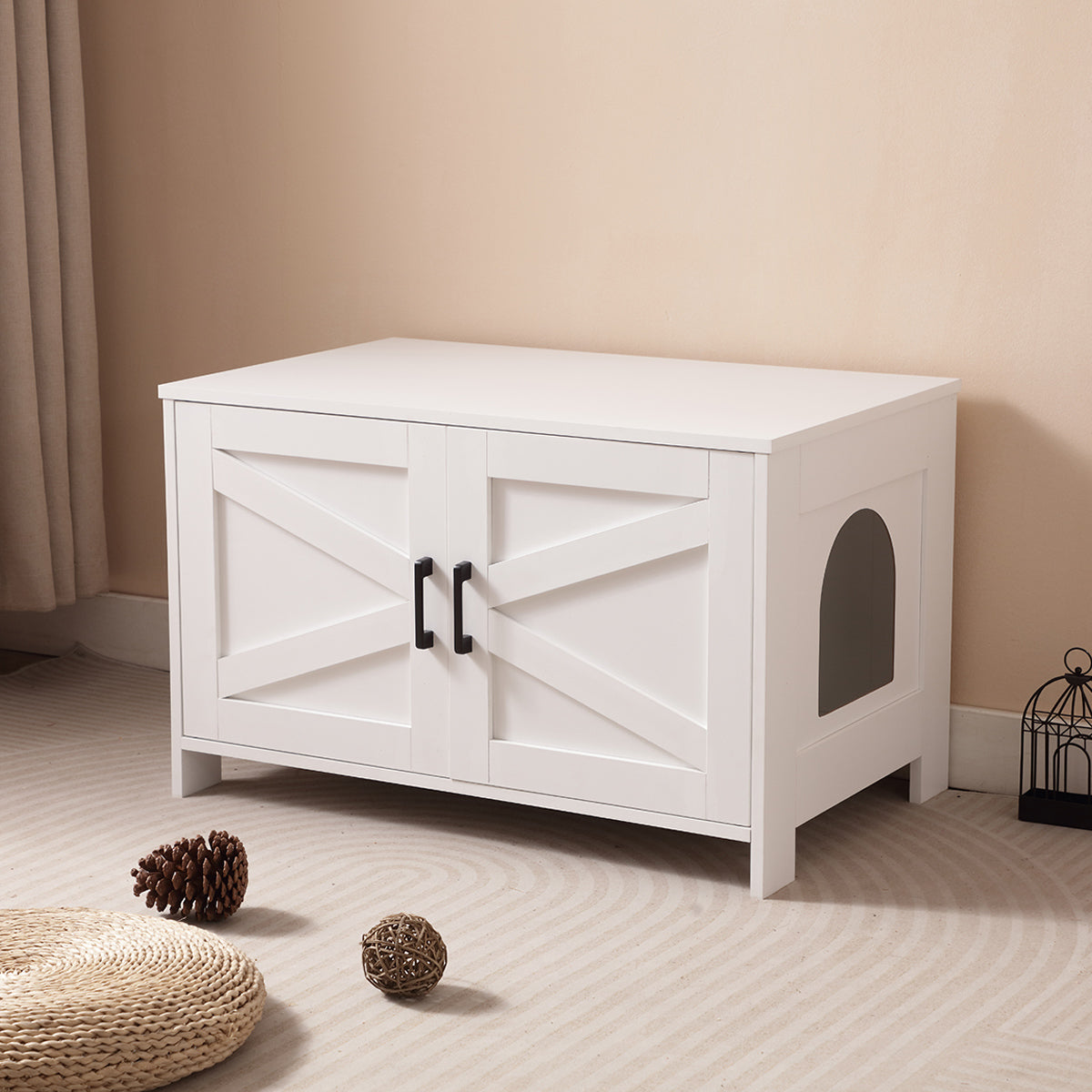 Cat Litter Box Enclosure, Litter Box Furniture Hidden with Barn Door, Wooden Cat Washroom Furniture, Cat House, End Table, Fit Most of Litter Box, White