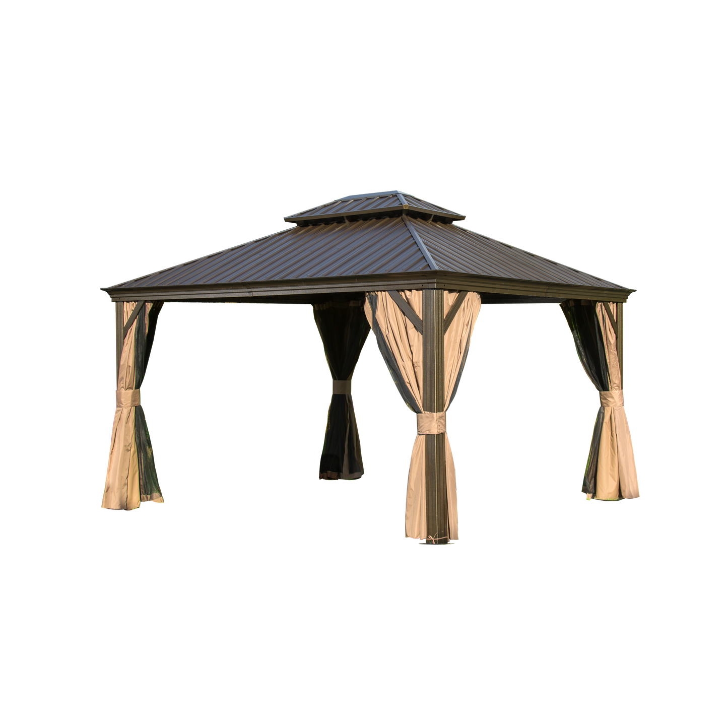 12'x14' Hardtop Gazebo, Outdoor Aluminum Frame Canopy with Galvanized Steel Double Roof, Outdoor Permanent Metal Pavilion with Curtains and Netting for Patio, Backyard and Lawn(Brown)