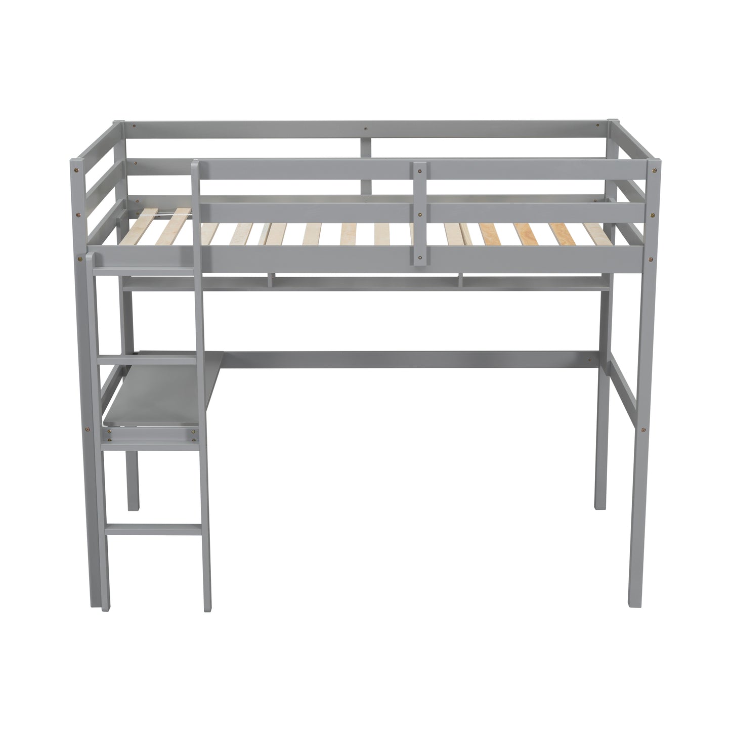 [SantaChoice] Twin Size Loft Bed with desk and shelves, Safety Guardrail and ladder,Grey