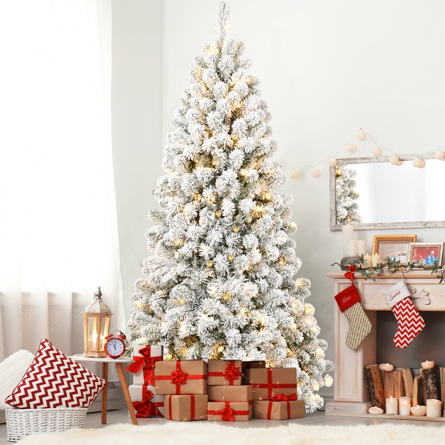 7FT Pre-lit Flocked Christmas Tree with 1,064 Memory Wire Tips – Effortlessly Fluffed, Perfectly Shaped, and Lit with 400 Warm  Incandescent Lights Bringing Lasting Elegance and Wase to Your Holiday