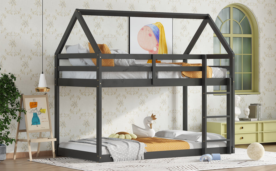 Twin over Twin Rubber Wood Floor Bunk Bed, with ladder,Guardrails,House-Shaped-Bunk Bed, Black