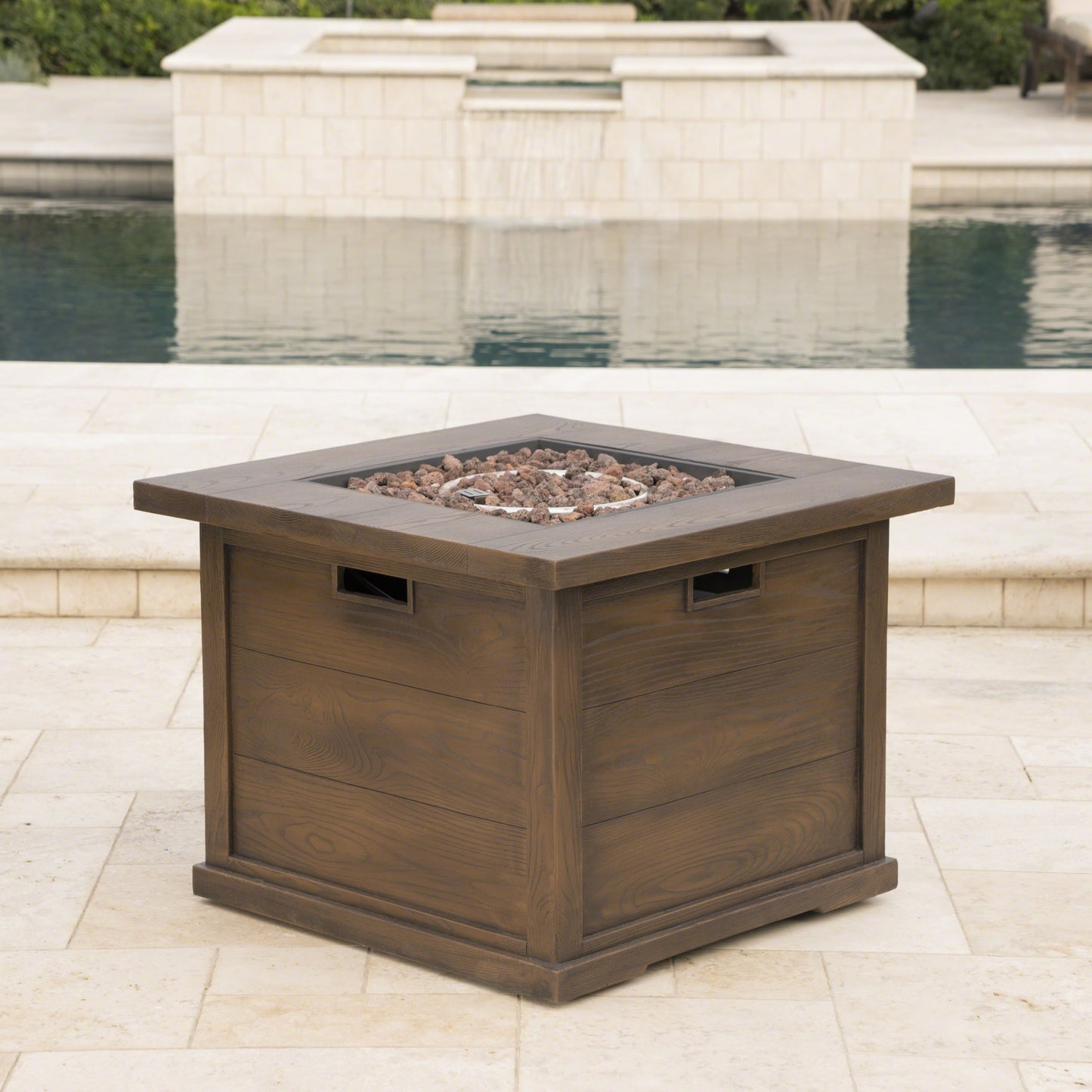 Patio Outdoor 24'' H x 32'' W Square Gas Burning Concrete Fire Pit Wood Pattern - Brown - 40,000 BTU