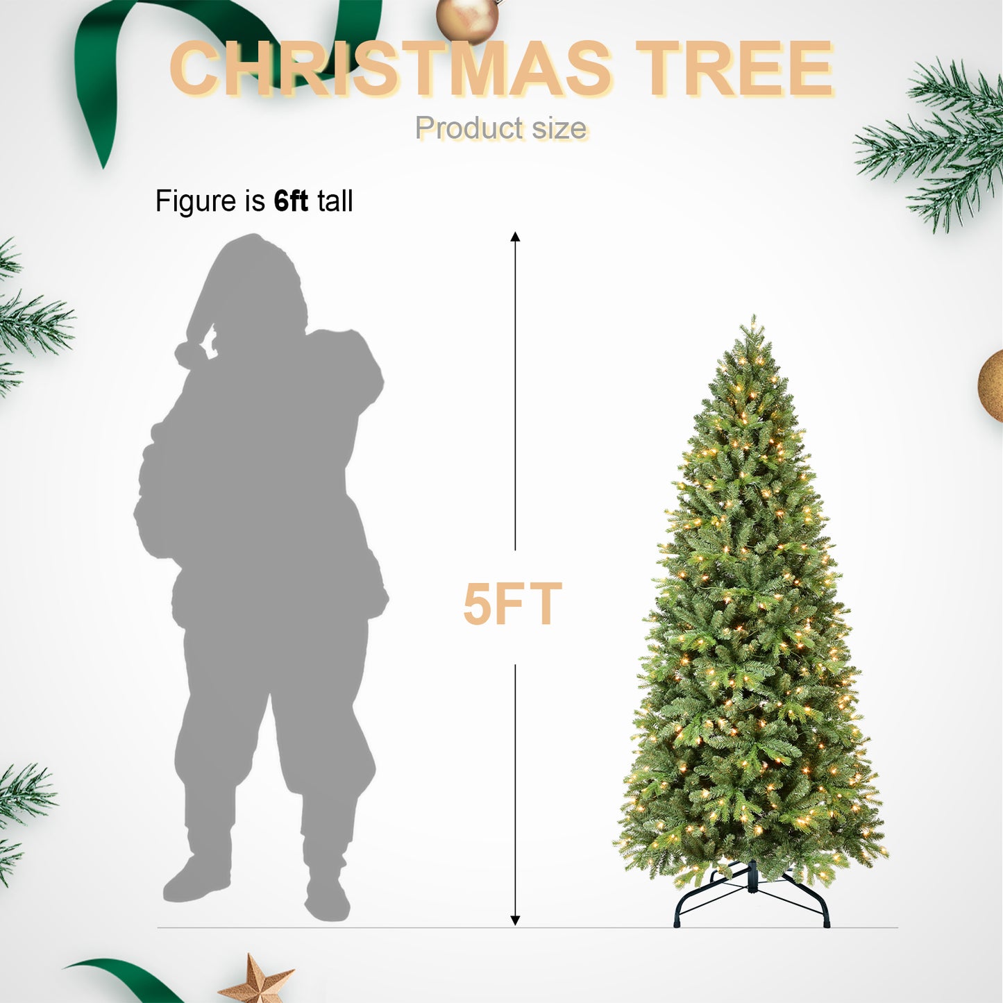 8FT Pre-Lit Slim Christmas Tree, Green, Fir Xmas 'Feel Real' Artificial Tree, White Lights, Metal Hinged, Foldable Base