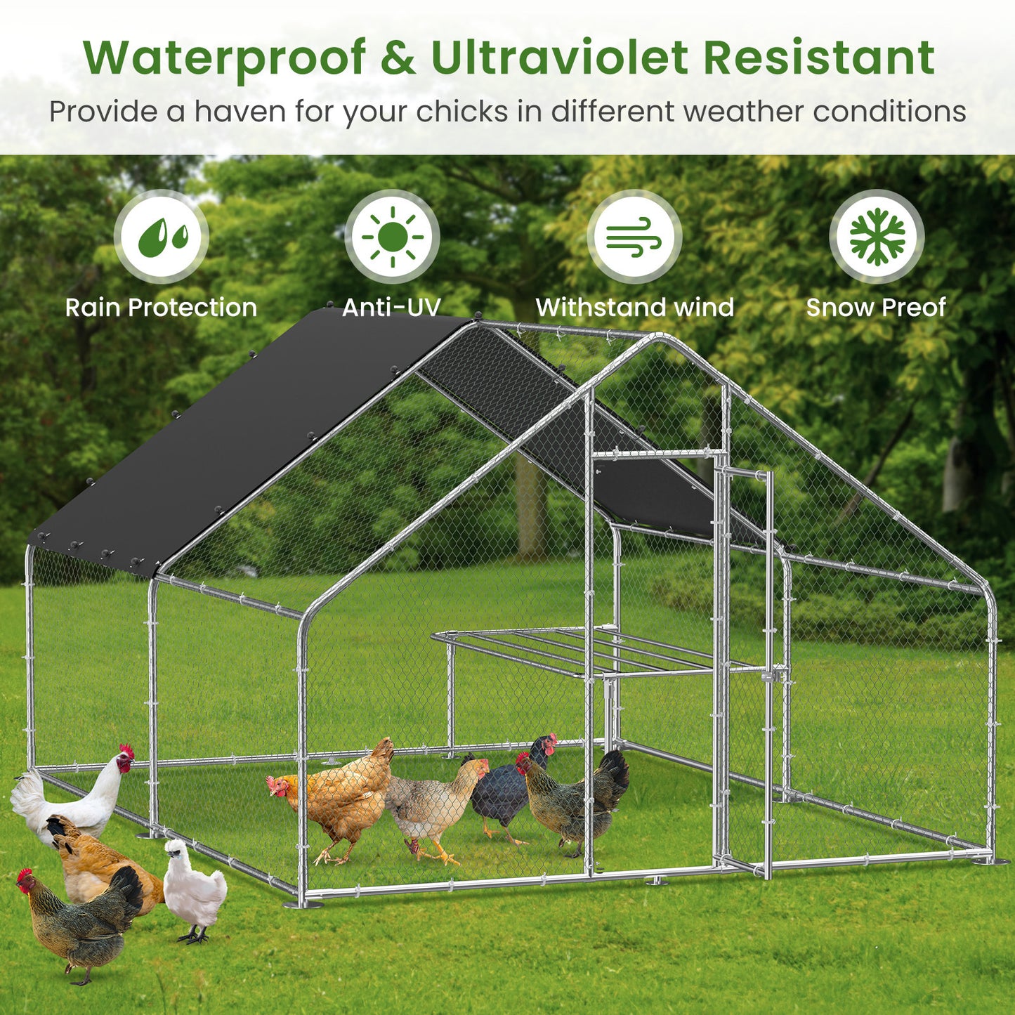 Large metal chicken coop, walk-in chicken coop, galvanized wire poultry chicken coop, rabbit duck coop with waterproof and UV protection cover for outdoor, backyard and farm. 9.8' W x 13.1' L x 6.6' H