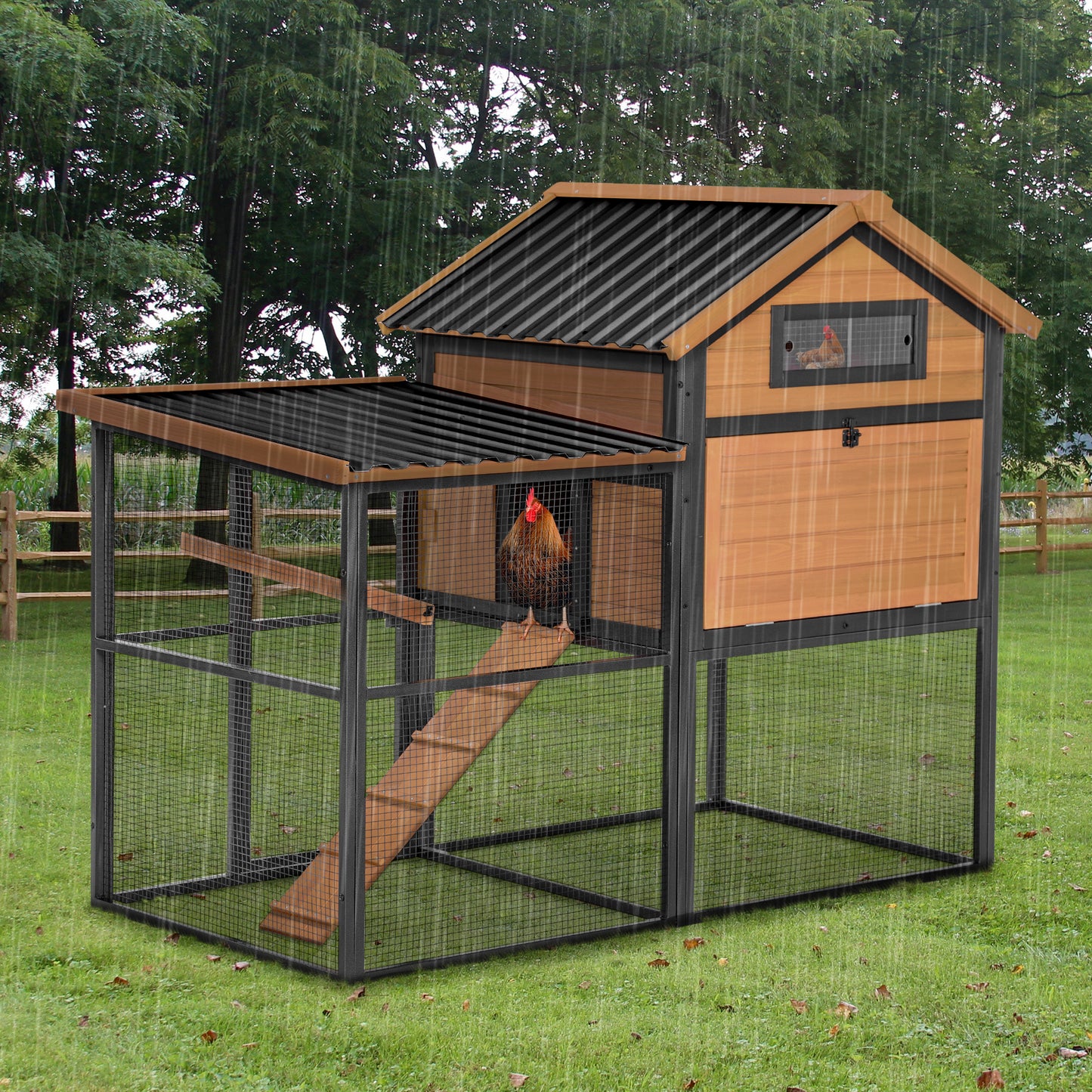 Durable Wood and Iron Chicken Coop with Runway and Waterproof Roof, Suitable for 5-7 Chickens, Built-in Nesting Box