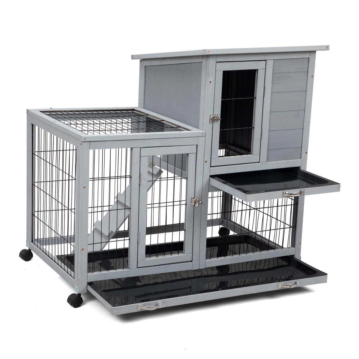 Detachable Rabbit Hutch with Removable Tray and Rolling Casters, Gray+White