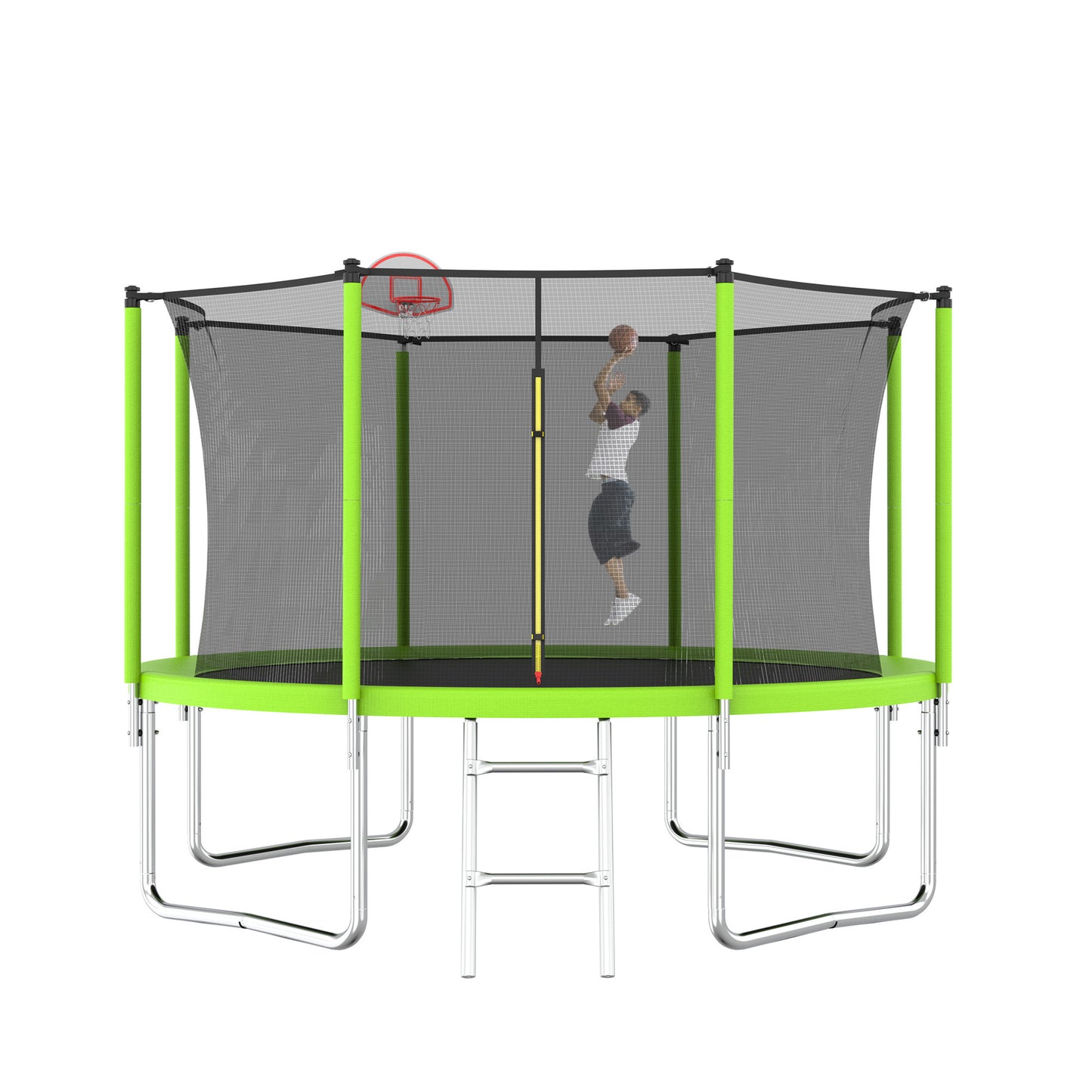 12FT Trampoline Green for Kids & Adults with Basketball Hoop and Ball ,Recreational Trampolines with Safety Enclosure for Back Yard Outdoor