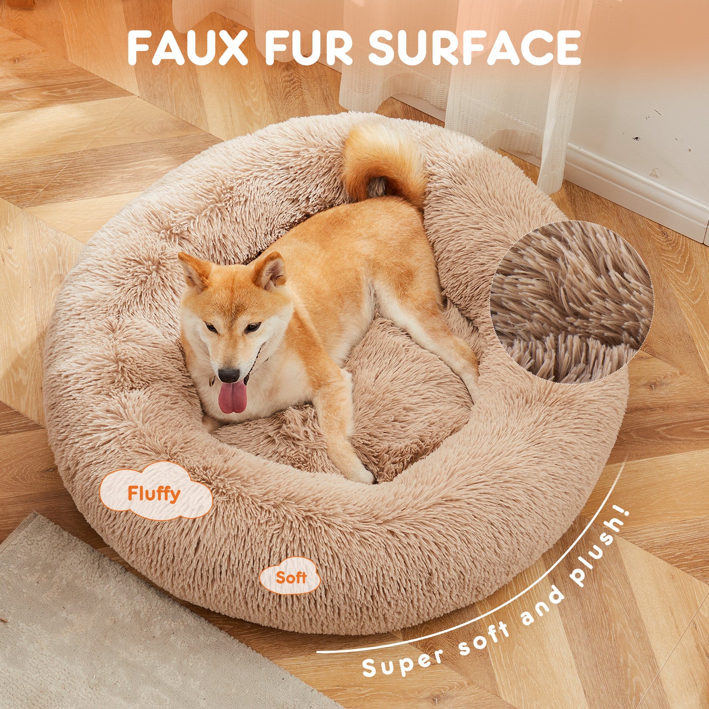 Anti-Slip Round Fluffy Plush Faux Fur Cat Bed, large  Brown