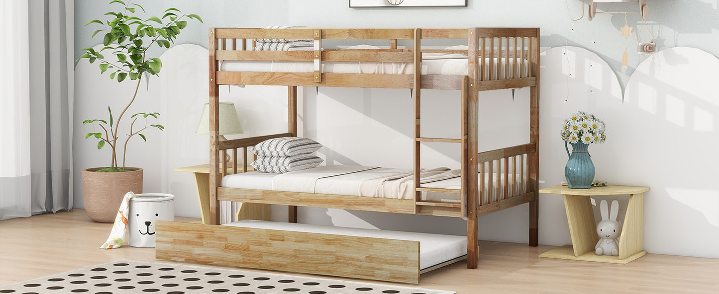 Twin Over Twin Rubber Wood Bunk Bed with Trundle, Convertible into 2 Twin Size Beds, Twin Size Bunk Bed with Ladder and Safety Guardrails,Natural