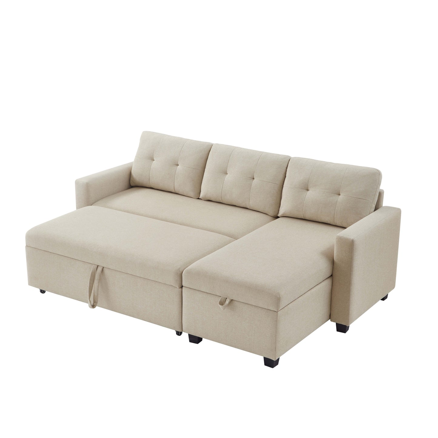 [SantaChoice] Upholstered Pull Out Sectional Sofa with Storage Chaise, Convertible Corner Couch, Beige