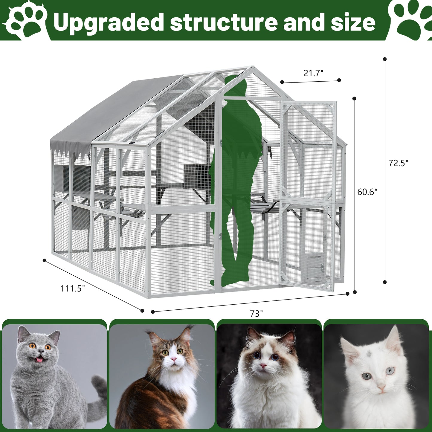 Outdoor Cat House Cat Enclosures 110" Large Kitten Playpen with Platforms,Upgrade Waterproof Cover-Grew&White