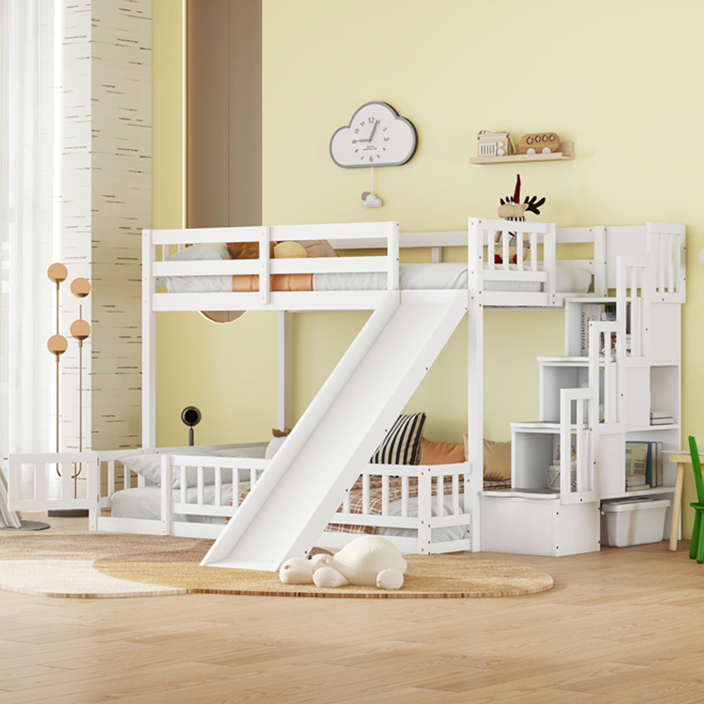 Twin Over Full Bunk Bed with Slide, Storage Staircase, Pine Solid Wooden Bunk Bed with Safety Guardrails,White