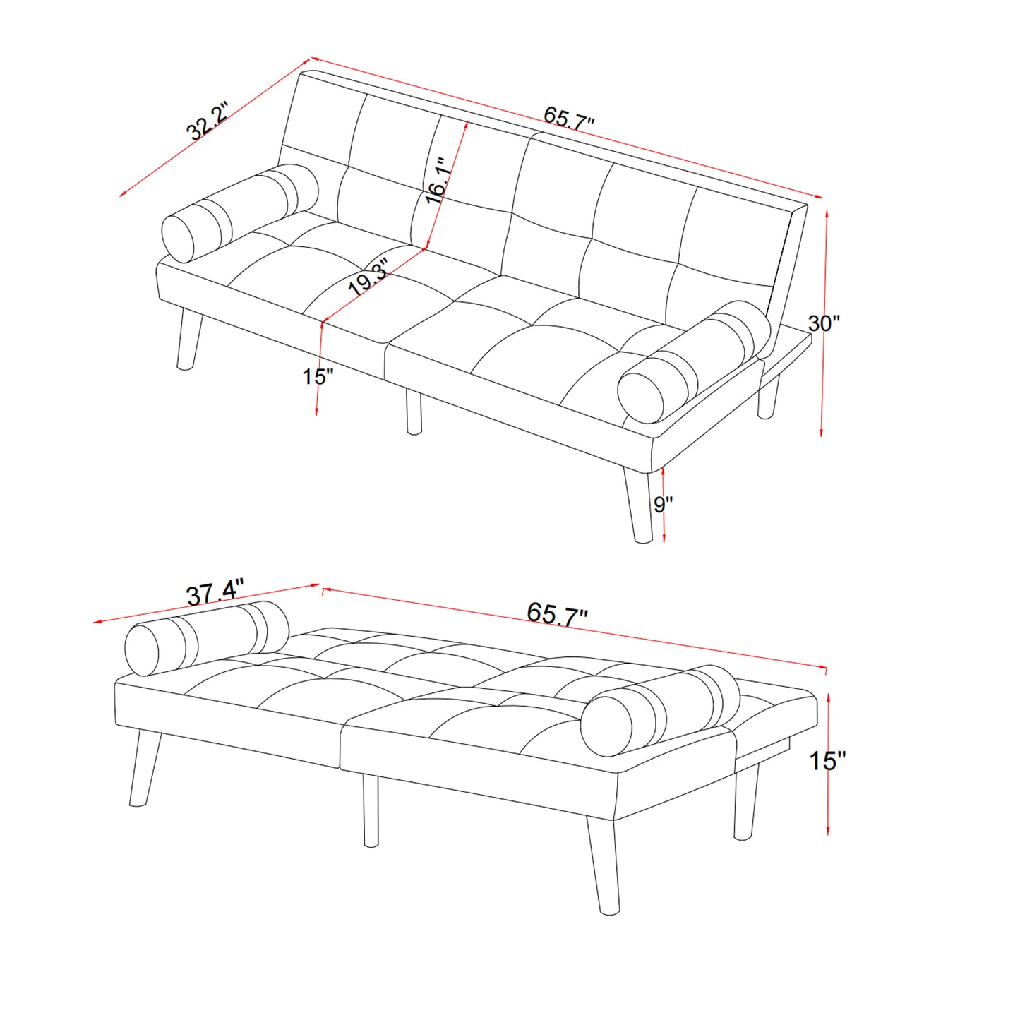 Convertible Sofa Bed Futon with Solid Wood Legs Linen Fabric Grey