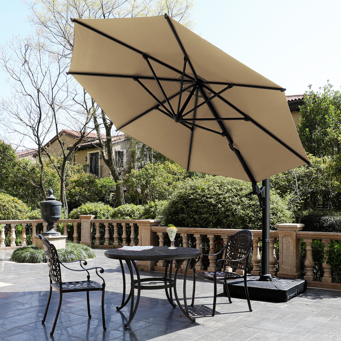 10 FT Cantilever Patio Umbrella with 360° Rotation & Tilt Adjustment, Square Outdoor Offset Umbrella with Aluminum Pole without base- Khaki