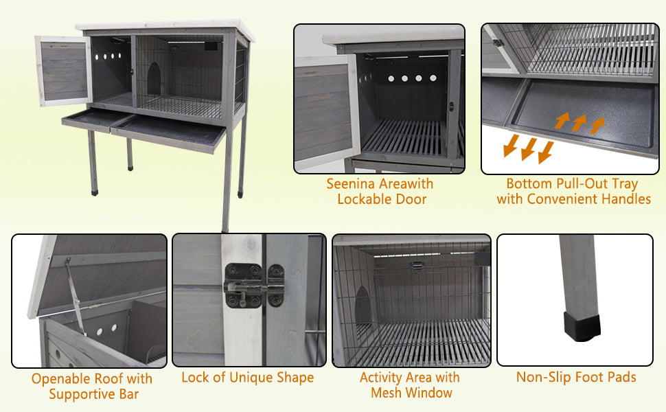 48"Wood Rabbit Hutch, Indoor Outdoor Bunny Cage with Roof and Removable Tray, Chicken Coop with Lockable Door, Guinea Pig Cage, Small Animal Houses & Habitats (Grey