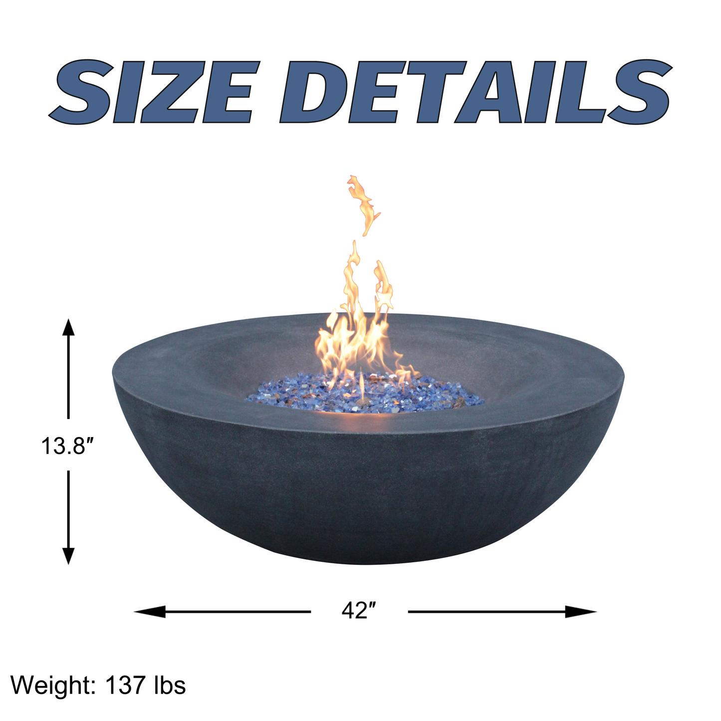 42 Inch Outdoor Concrete Propane gas Fire Pit bowl in Dark Gray color