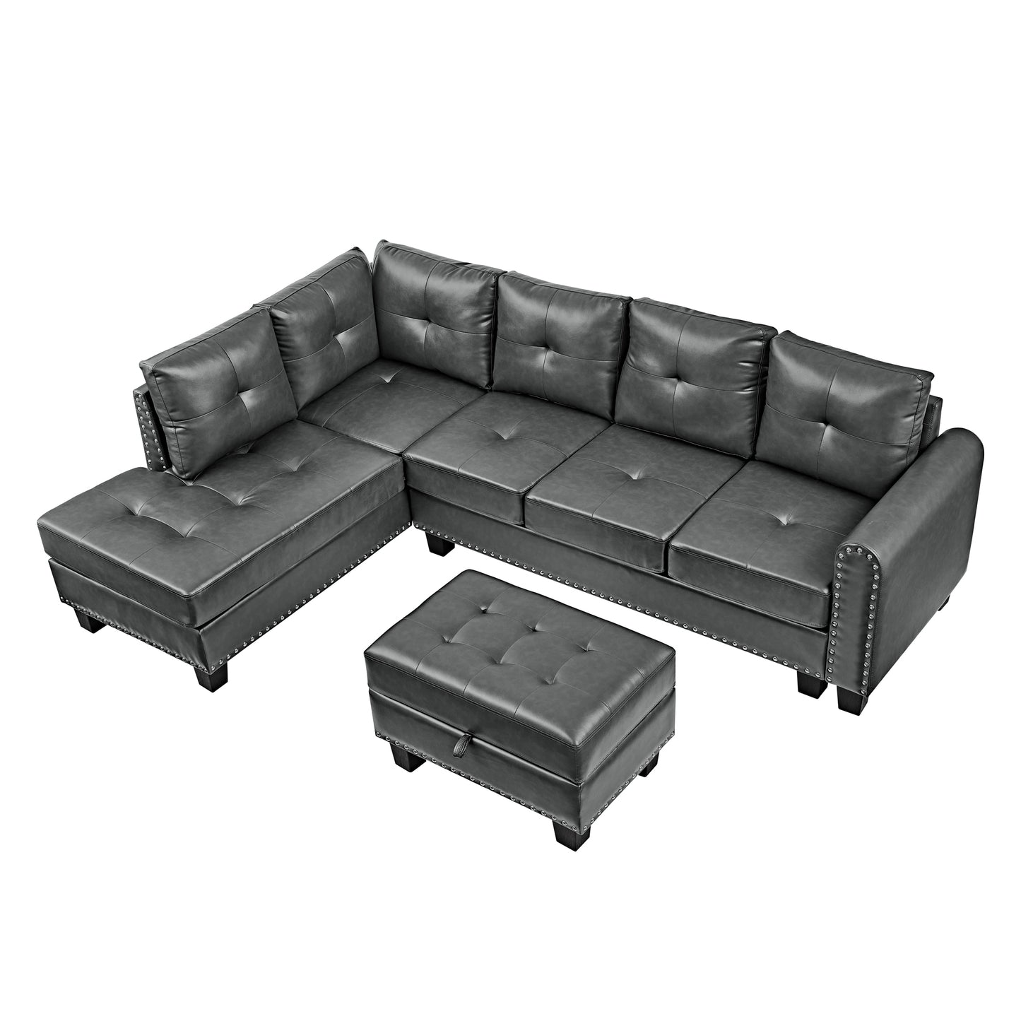 [SantaChoice] Sectional 3-Seaters Sofa , reversible recliner, Storage pad and wood grain cup holder, Non-slip leg, pu, grey