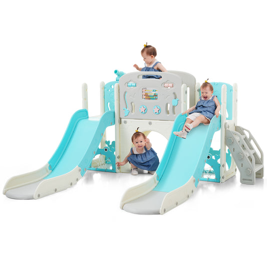 Kids Slide Playset Structure 8 in 1, Freestanding Ocean Themed Set with Slide, Arch Tunnel,Basketball Hoop and Telescope, Double Slides for Toddlers, Kids Climbers Playground