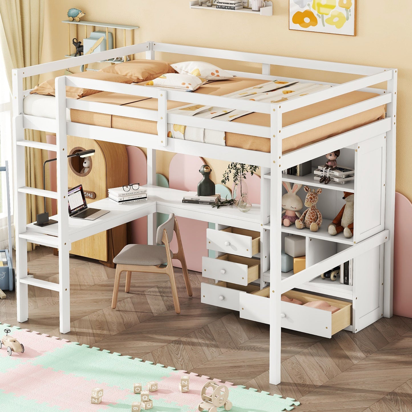 Full Size Loft Wood Bed with Desk, Storage shelves and Drawers, Built-in Ladder, High Loft Bed with Desk, Storage Shelves and Drawers,Guardrails,White