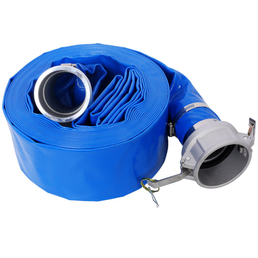 3'x50FT  Pool Backwash Hose, Heavy Duty Reinforced Blue PVC Lay Flat Water Discharge Pump Hoses For Swimming Drain Pools and Clean Filters, with Aluminum Camlock C and E Fittings