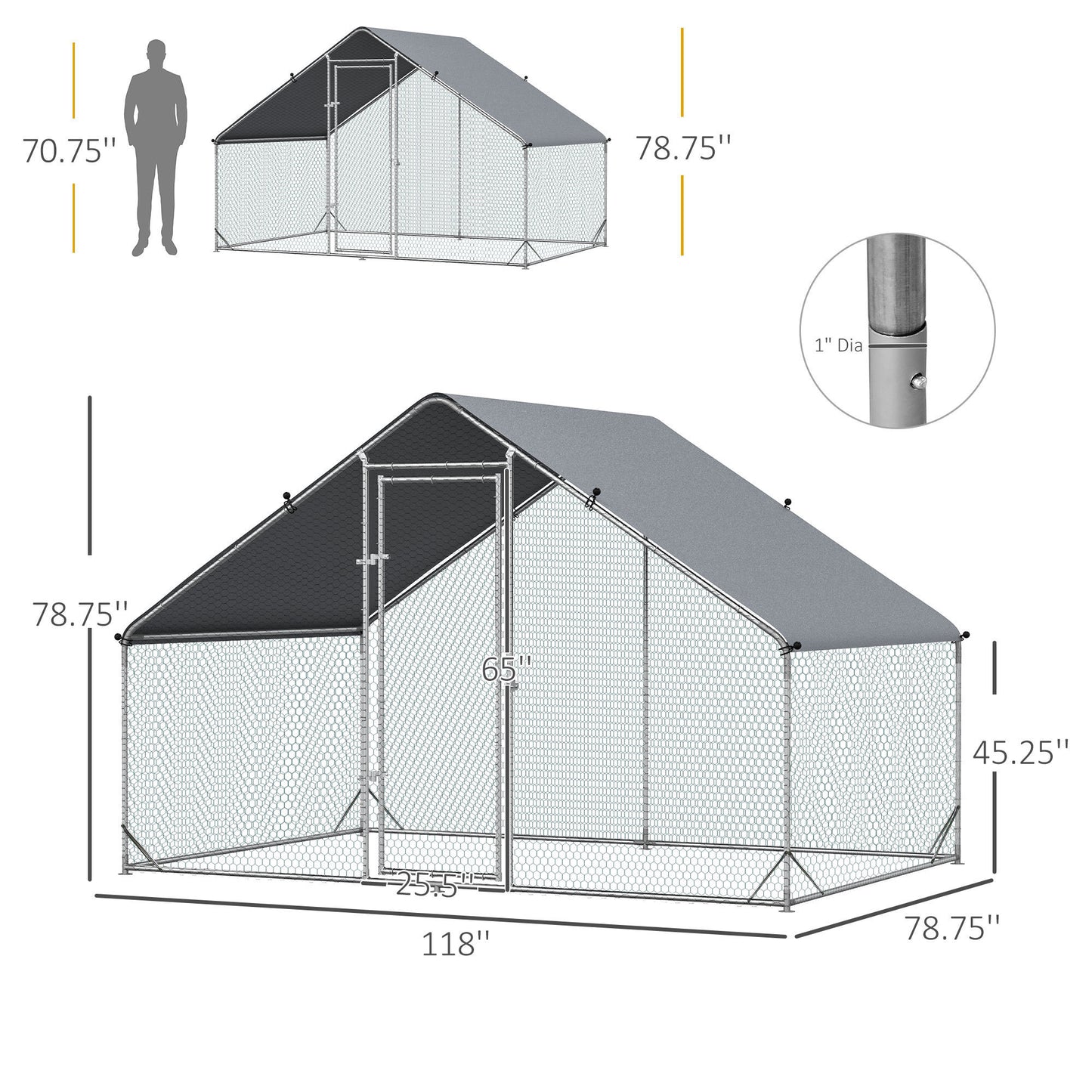 Metal Chicken Coop Run with Cover, Walk-In Outdoor Poultry Pen for Rabbits, Ducks, Large Hen House for Yard, 10' x 6.5' x 6.5', Silver