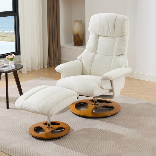 010-Ergonomic Recliner Chair with Ottoman, Modern 360° Swivel Lounge Chair with Footstool, Chenille Fabric, 5 Point Vibration Massage, Seat Heating & 140° Adjustable Backrest for Home or Office, White