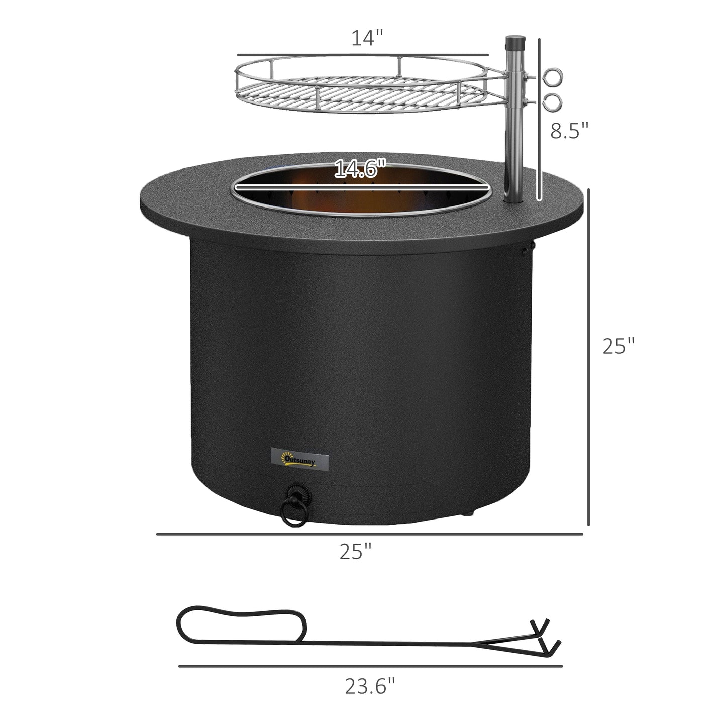 Outsunny 2-in-1 Smokeless Fire Pit, BBQ Grill, 25" Portable Wood Burning Firepit with Cooking Grate, Ash Tray & Poker, Low Smoke Camping Bonfire Stove for Patio Picnic, Stainless Steel, Black