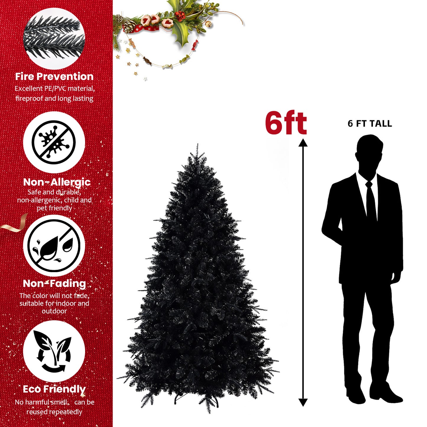 7.5ft Pre-Lit Black Christmas Tree, Full Halloween Xmas Artificial Tree 2156 Branch Tips, 500 Lights, Metal Hinges, Foldable Base, Holiday Decoration - Black