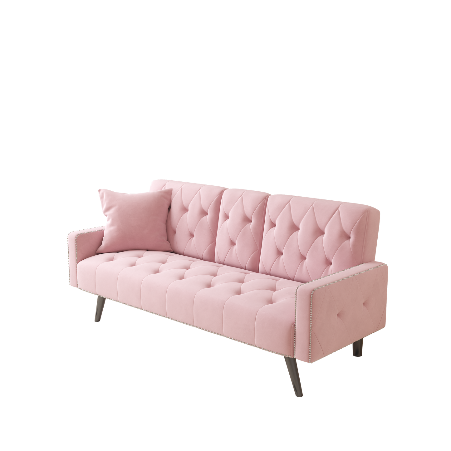 [SantaChoice] 1730 Sofa Bed Armrest with Nail Head Trim with Two Cup Holders 72" Pink Velvet Sofa for Small Spaces