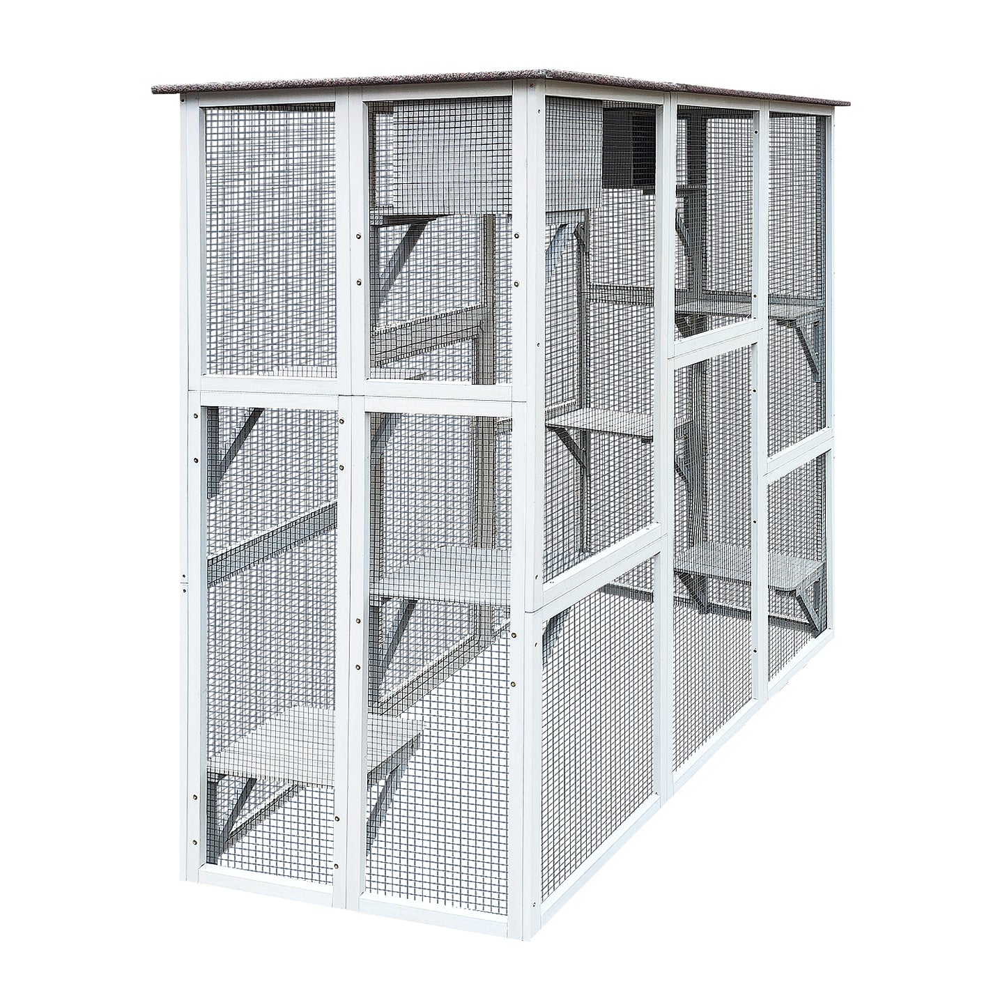 Wooden Catio Outdoor Cat Enclosure, 71"  Outdoor Gray Cat House Weatherproof  Asphalt Roof, Large Solid Wood Cat Cage with 6 Jumping Platforms & 2 Napping Houses, Walk-in Cat Kennel Condo Shelter