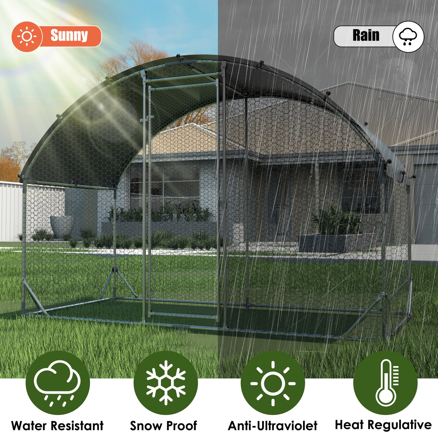 Large metal chicken coop upgrade three support steel wire impregnated plastic net cage, Oxford cloth silver plated waterproof UV protection, duck rabbit sheep bird outdoor house 9.2'W x 6.2'L x 6.5'H