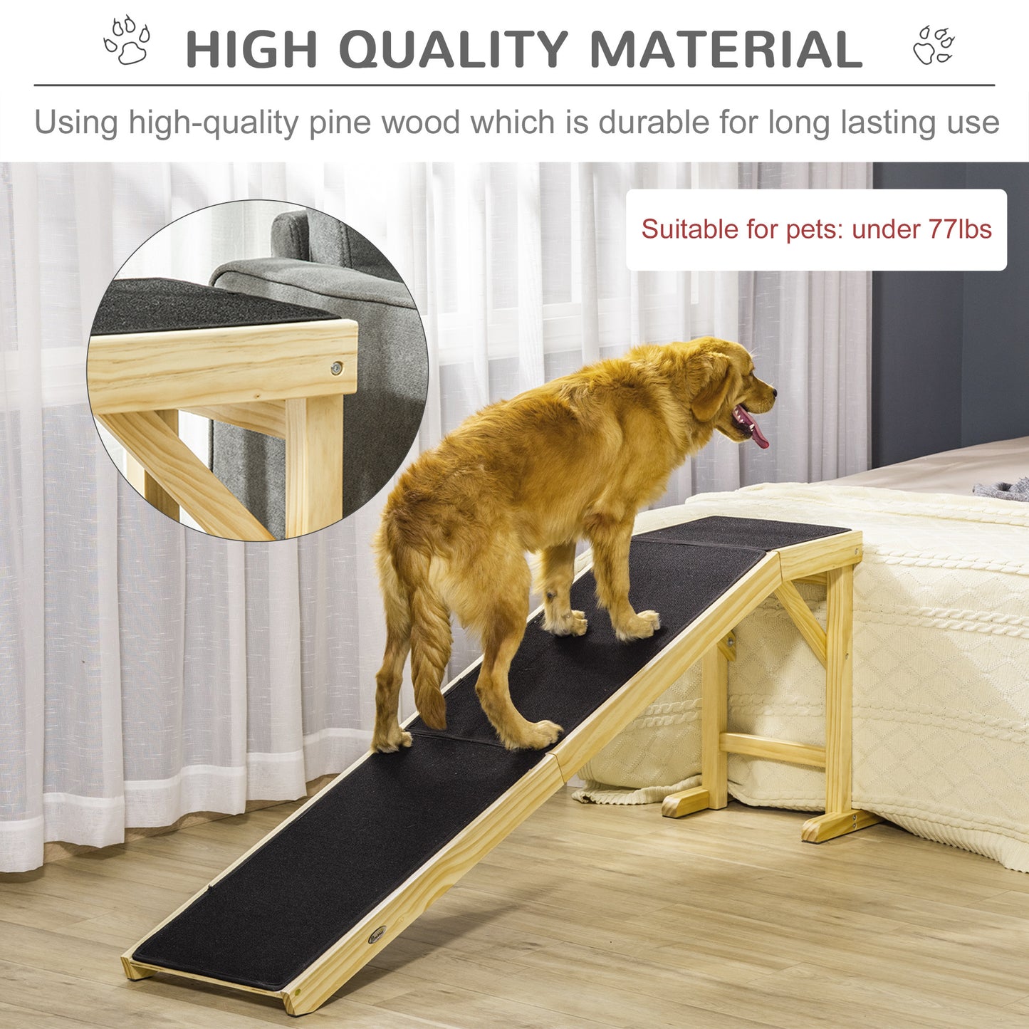 PawHut Dog Ramp for Bed, Pet Ramp for Dogs with Non-Slip Carpet and Top Platform, 74" x 16" x 25", Natural